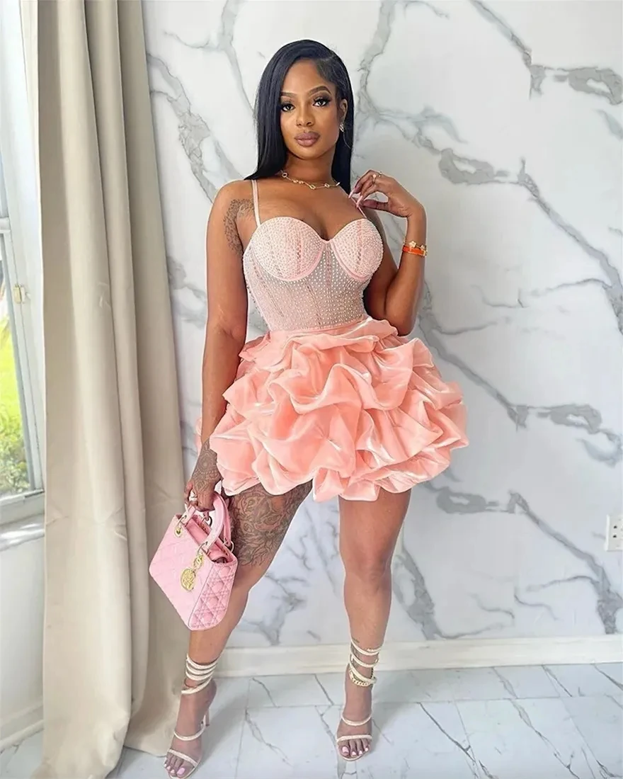 

Sexy Short A-line Italian pleated graduation dress with shoulder straps Mini Short Cocktail dress for Women's party Ball