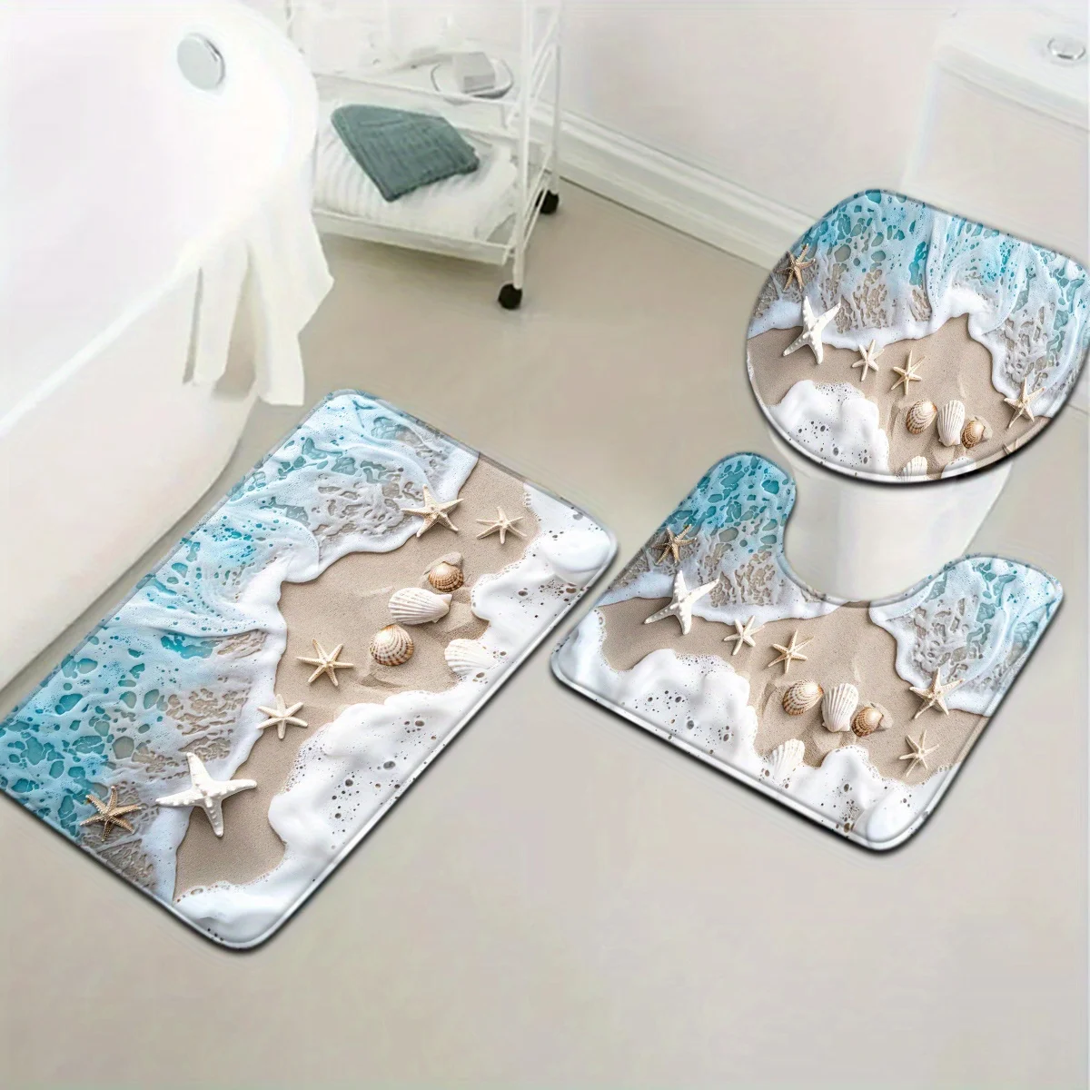 

3 шт. Морская звезда и ракушка, полиэфирная ткань, можно стирать в машине, U-образный коврик, нескользящий коврик, чехол на сиденье унитаза