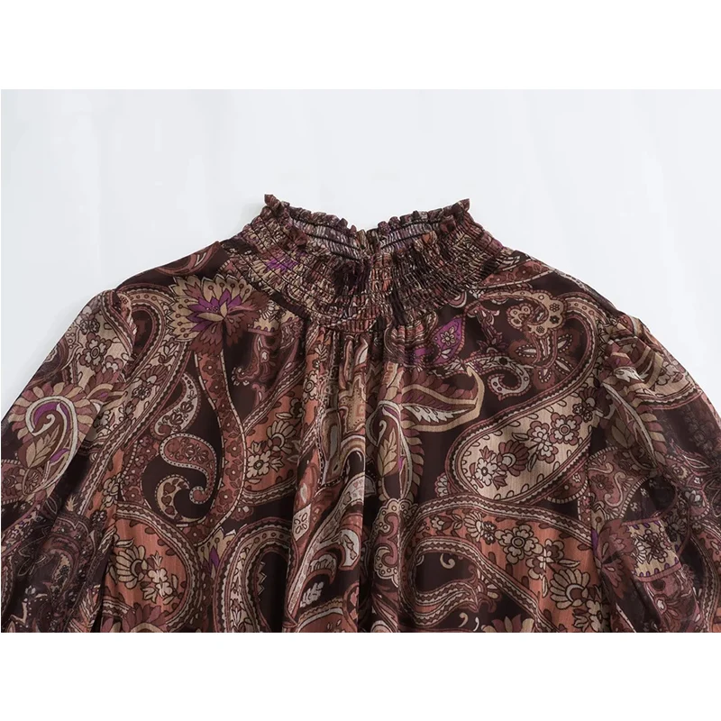 Vestido Maxi F Estilo Europeu Z de Chiffon Estampado com Manga Longa, Cintura Marcada e Camadas – Coleção Primave...