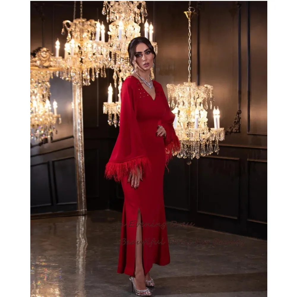 

Red Prom Evening Dresses Side Slit Feather Full Sleeve Elegant Party Dresses for Women 2024 V-Neck Formal Cocktail Gown New