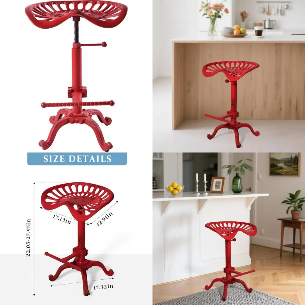 Adjustable Industrial-Style Bar Stool with Aged Red Cast Iron Seat