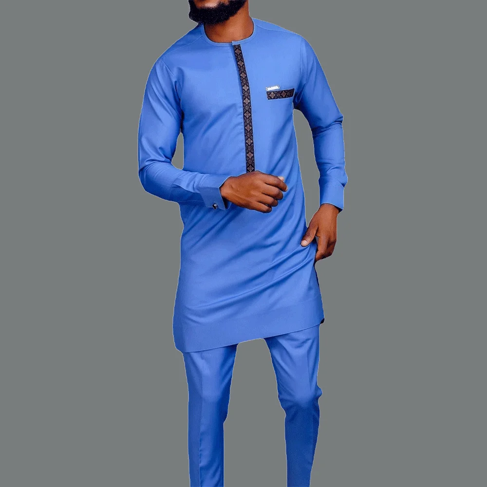 

Dashiki Hot Network Popular Banquet Muslim Banquet Daily Ethnic Men's Classic Blue Printed Top and Pants Two Piece Business Set