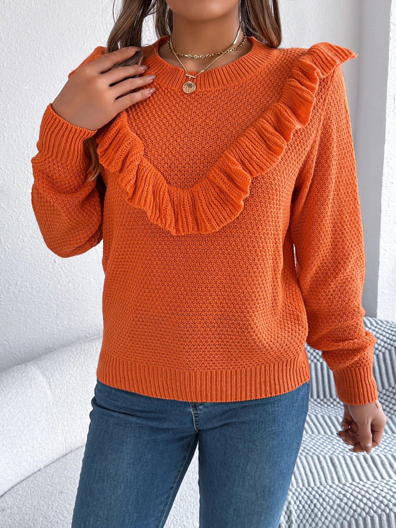 

Women's Casual Long Sleeve Pullover Sweater with Ruffle Trim, Round Neck, Solid Color for Winter Vacation