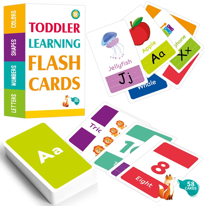58PCS Flash Cards 26 Alphabet English Learning Numbers Colors Shapes Flash Cards For Ages 2-4 Early Education Animal cognition