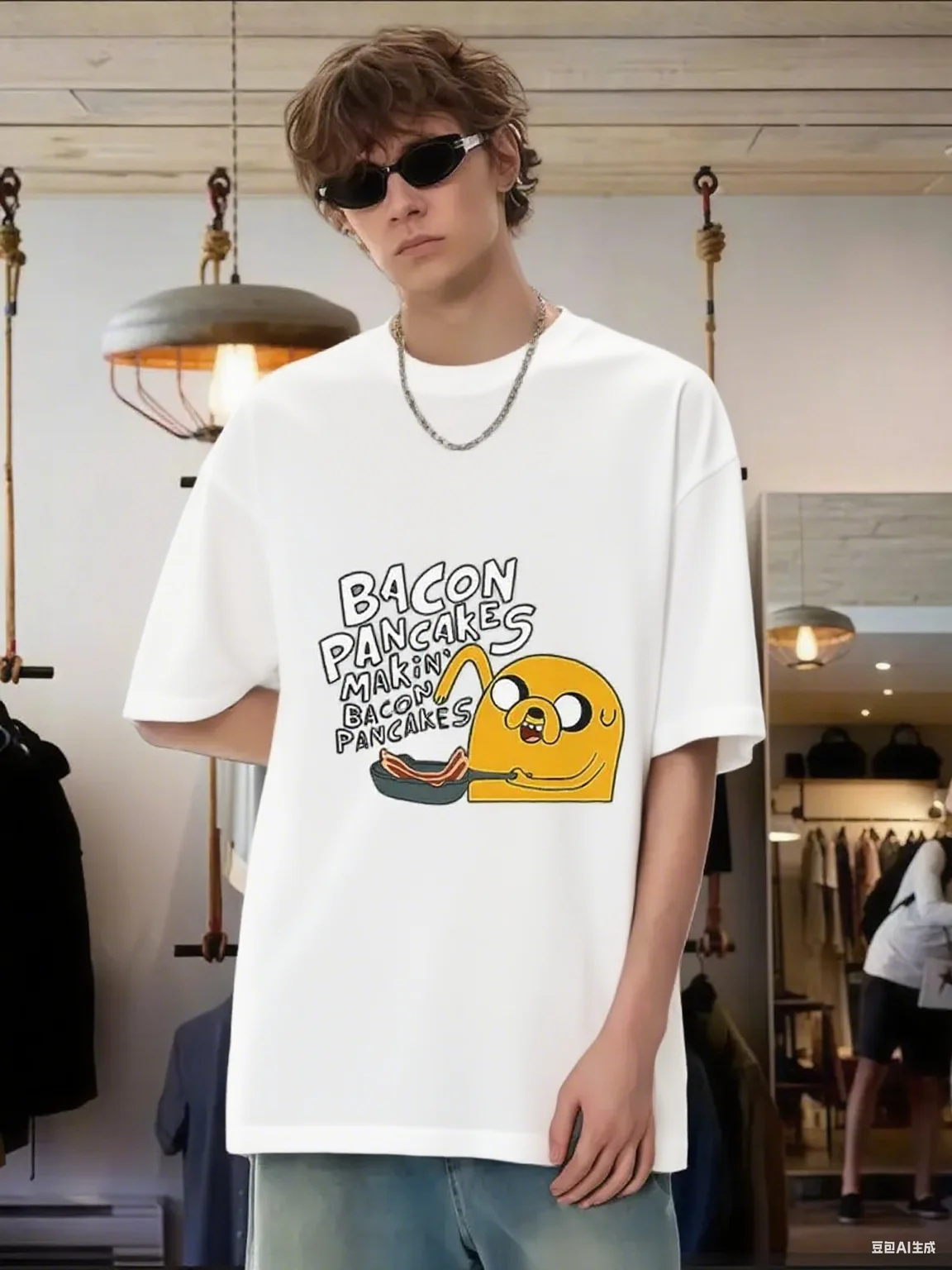 

Adventure Time Jake Bacon Pancakes Print Pure Cotton T - Shirt Fun Cartoon Graphic Casual Tee for Fans New Arrival Tee S-4XL