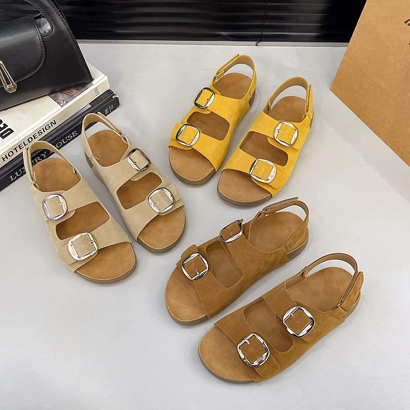 2025 Klassische Doppelknopf-Sandalen für Damen, Sommerschuhe, bequeme Outdoor-Sandalen, leichte Strandschuhe, atmungsaktive Hausschuhe