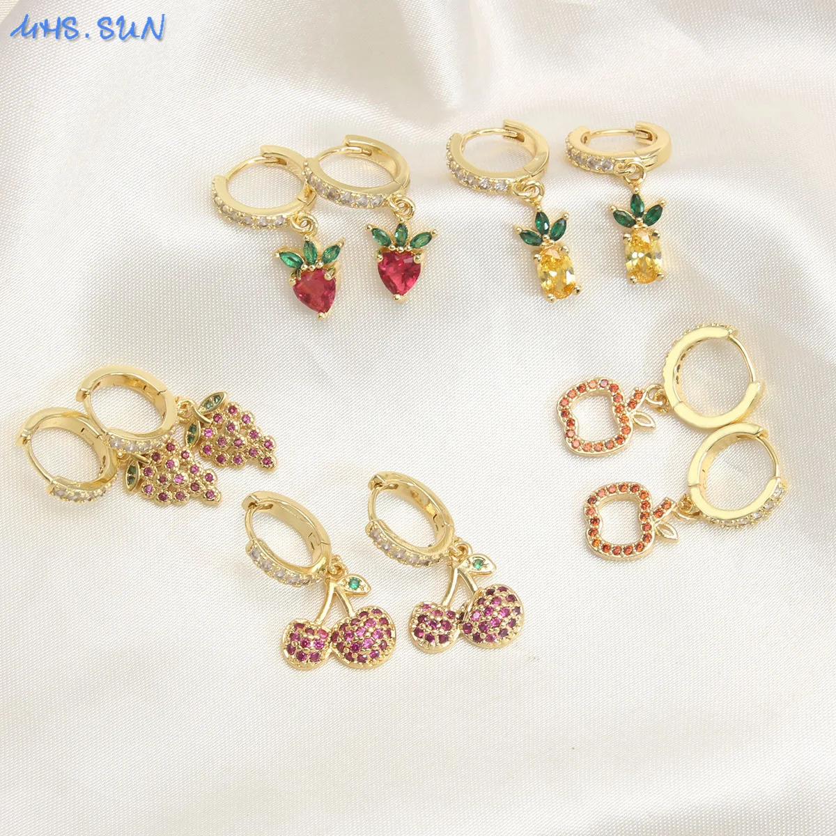 MHS.SUN Charms Cute Fruit Strawberry Banana Apple Gold Plated Zircon Hoop Drop Earrings Geometric For Women Girls Daily Jewelry