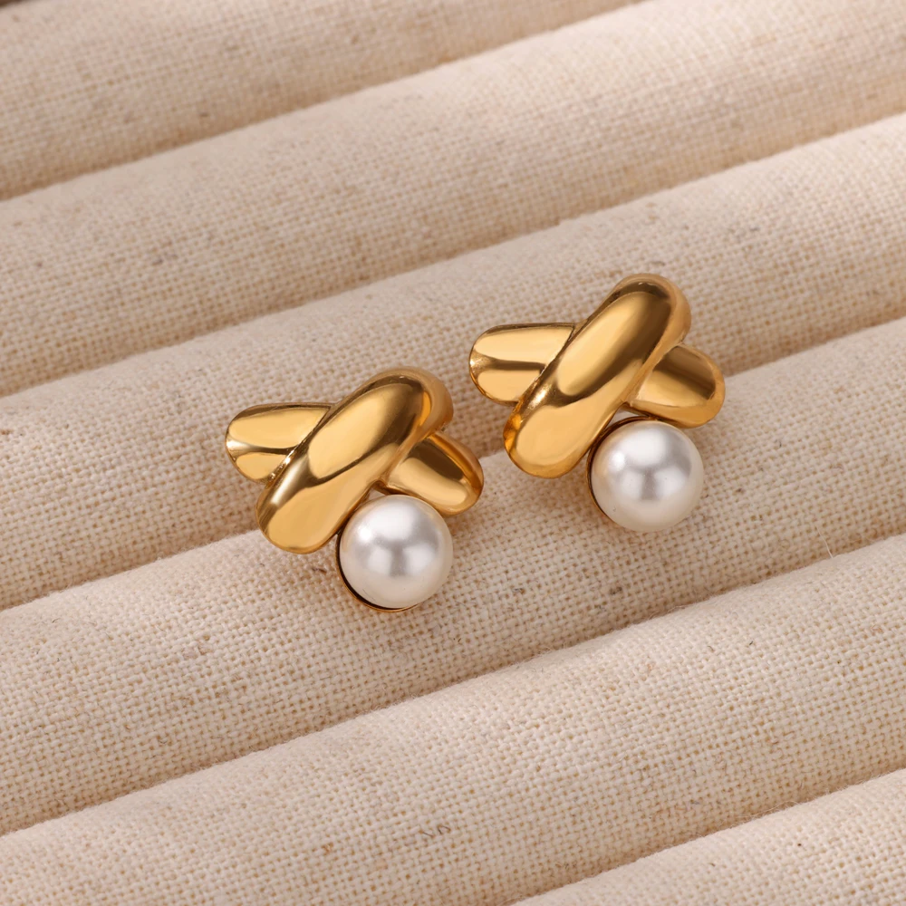 Sweet Bow Knot Imitation Pearl Earrings for Women Stainless Steel Gold Color Earring Wedding Party Jewelry Accessories Gift BFF