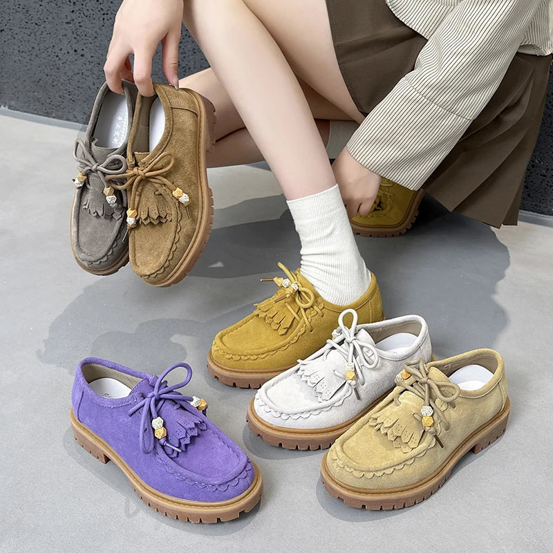 Moccasins Women Shoes 2026 New Multi-color Women's Lace-up Loafers Non-slip Large-size Thick-soled  Suede Derby Shoes For Women