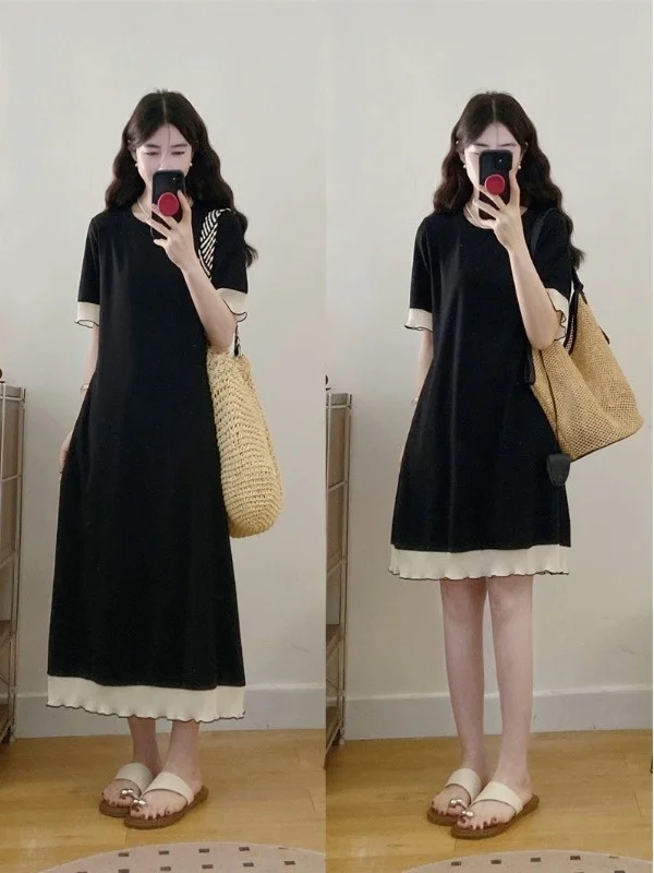 

Новая летняя женская платье-миди больших размеров с круглым вырезом, коротким рукавом, завышенной талией и длиной до колена