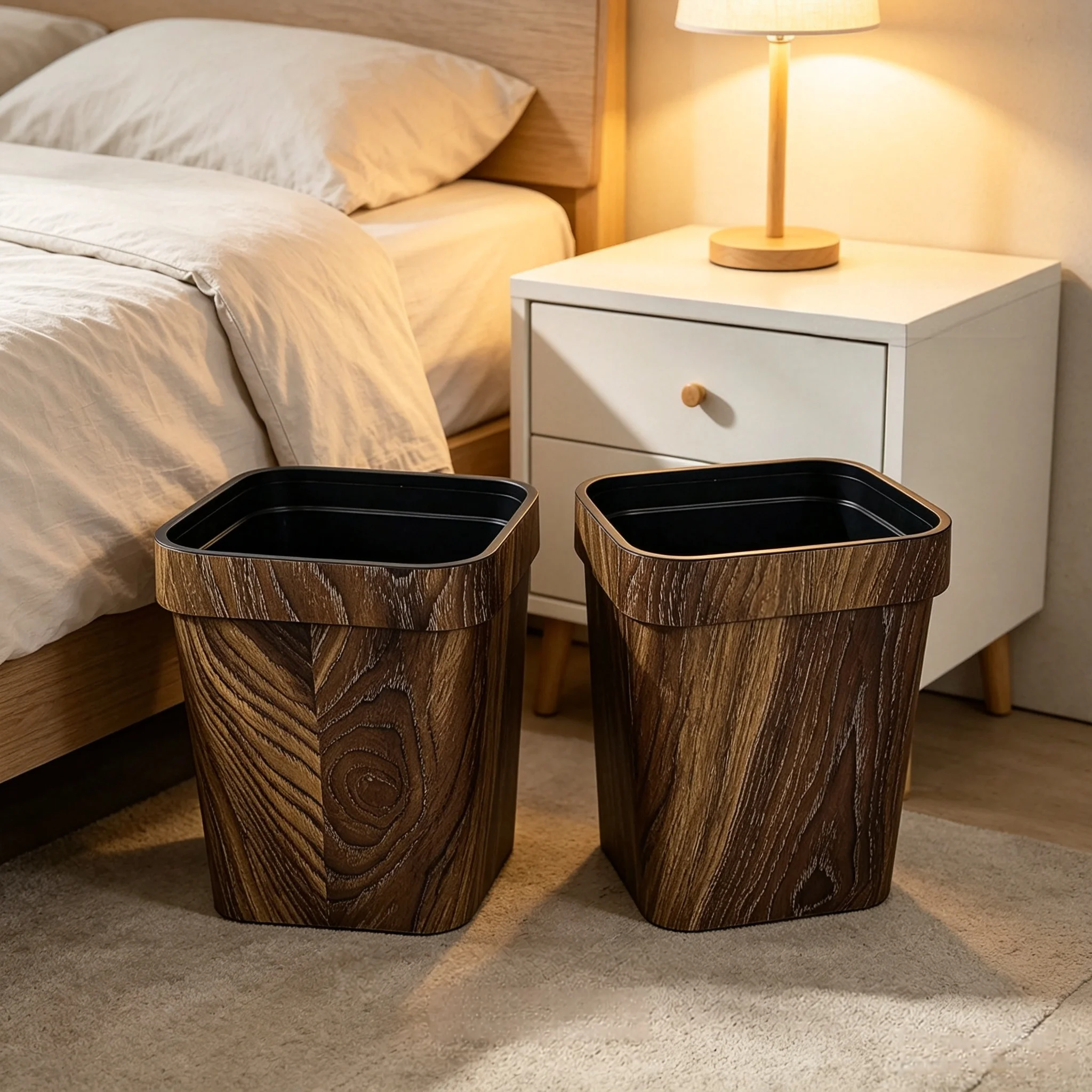 Farmhouse Decor Wood‑Grain Trash Can 2 Pack,12L Open‑Top Plastic Waste Basket, Dual‑Layer Removable‑Inner‑Bucket Garbage Bin for Living Room Apartment