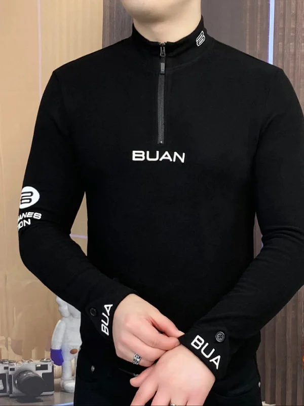 

European Style Warm Half Zipper Hoodie Men's Autumn Winter New High End Fleece Stand Collar Base Shirt Printed T-Shirt Top