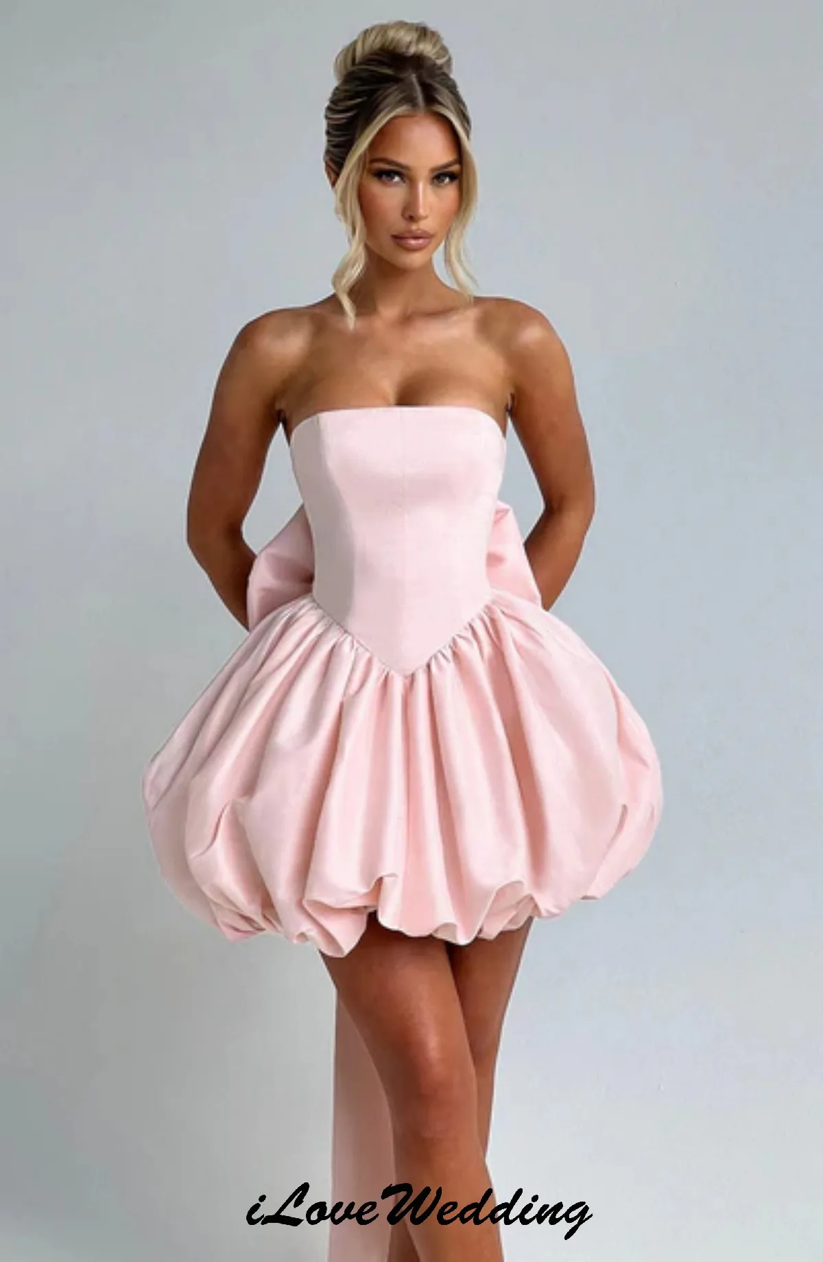 

Homecoming Dresses 2025 Light Peony Pink Wedding Party Dress Mini Length Strapless A-Line Ruched Bow Prom Dresses Customized