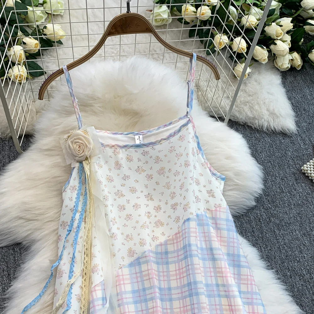 Color Blocking Plaid patchwork Floral Dress Women Summer 2026 New Chic irregularity Vacation Style Spaghetti Strap Dresses