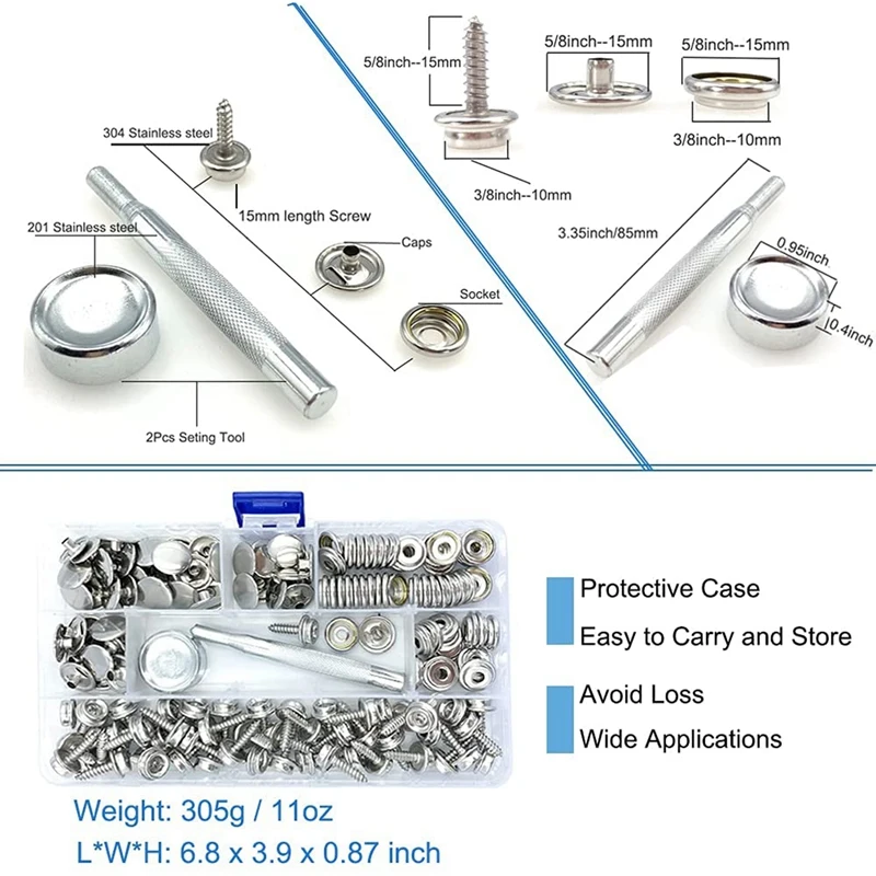 Kit di bottoni automatici a vite di fissaggio da 152 pezzi con strumento, chiusura a scatto in tela per barche a vite in acciaio inossidabile per mobili con copertura per barche