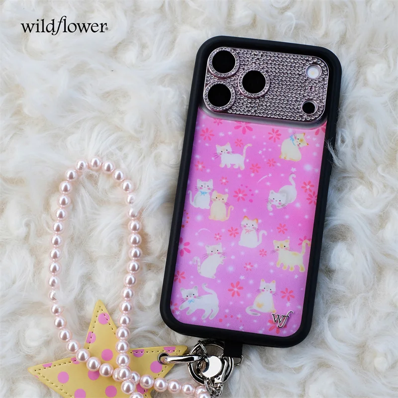 Etui na telefon z motywem dzikich kwiatów, Claire Drake, do iPhone 11 12 13 14 15 16 17 18 Pro Max Plus, urocze, kreskówkowe, różowe kotki, błyszczące gwiazdki. — zdjęcie produktu 5