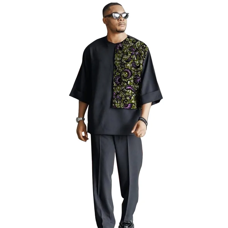 Ropa africana de manga 3/4 para hombre, conjunto holgado de estilo nigeriano, Tops de retazos con pantalón, traje de fiesta hecho a medida