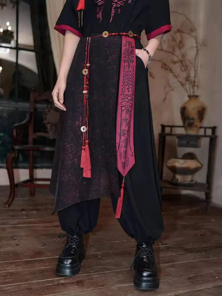 

New Chinese Style Splice Han Elements Culottes Loose Printing Ribbon Pants Red Fiesta Carnival Halloween Cos Cosplay