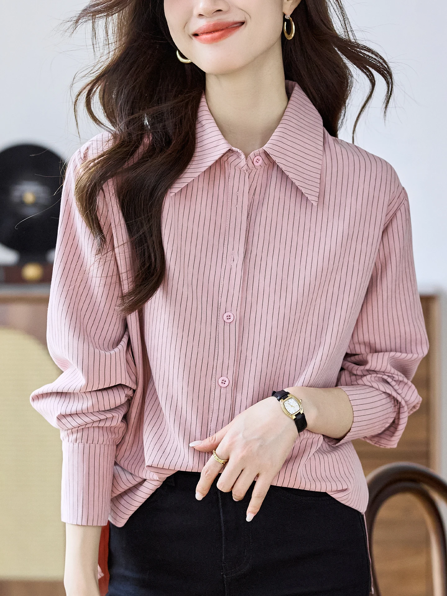 Elegant Striped Shirt Women's Long Sleeve Autumn New Style Ageless Fashionable Light Maturity Wind Top Korean Style Commute