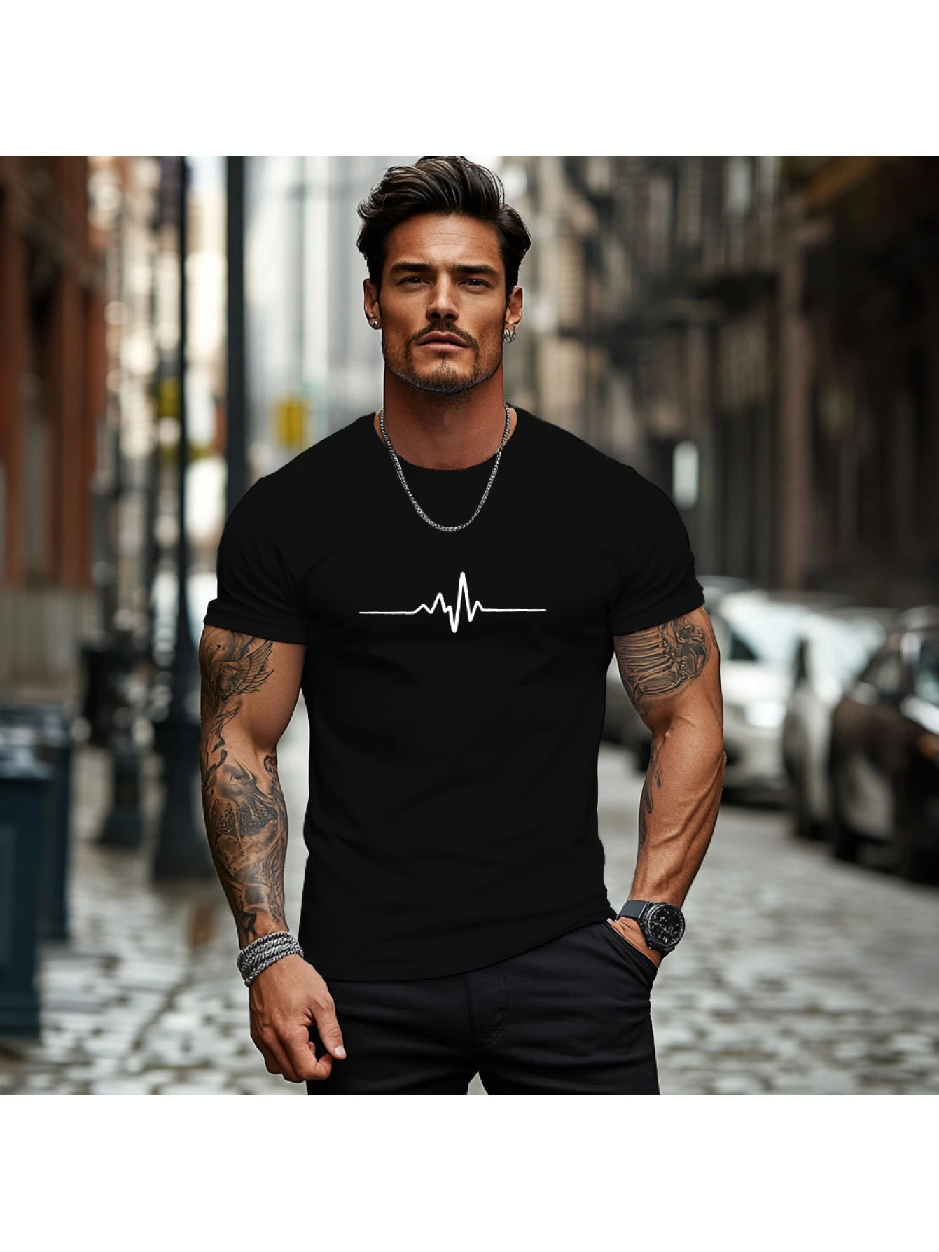 Fashionable Men's Summer Heartbeat Print Round Neck Tee Ultra Breathable Outdoor Daily Trendy Soft Light Premium Slim Casual Top