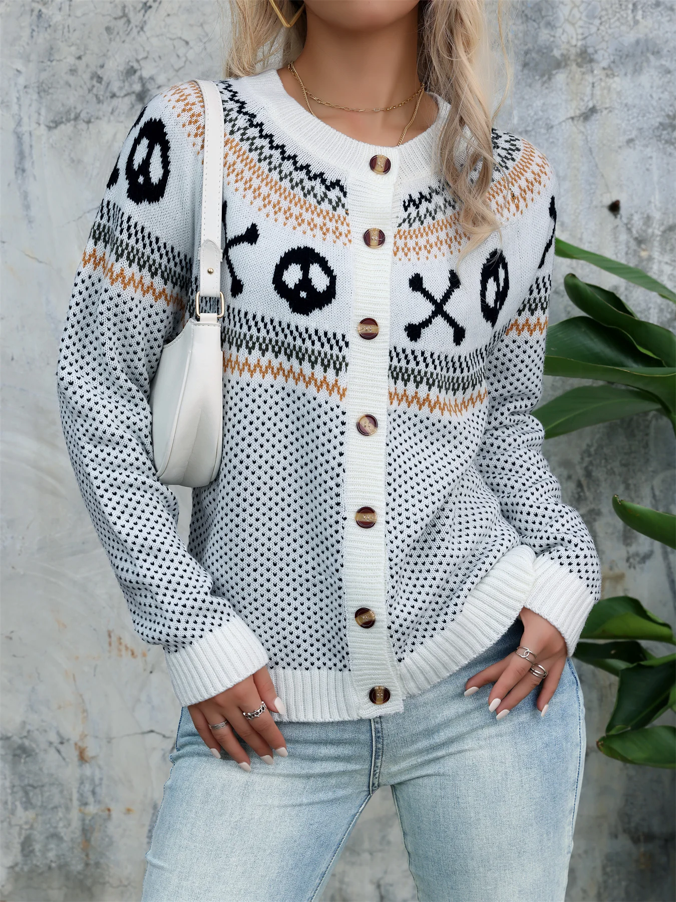 Halloween O-Neck Skulls Pattern Retro Polka Dot Button Long Sleeved Cardigan Women Sweater