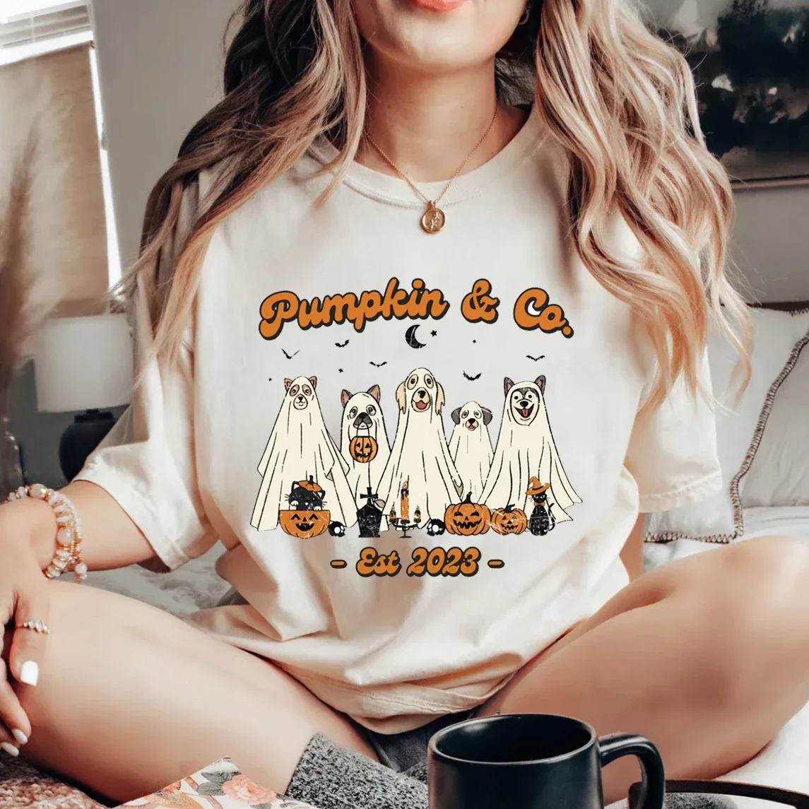 New Casual Pattern Printed T-Shirt Halloween Top Cute and Versatile Pumpkin Cartoon Pattern Short Sved O-Neck Simple T-Shirt.