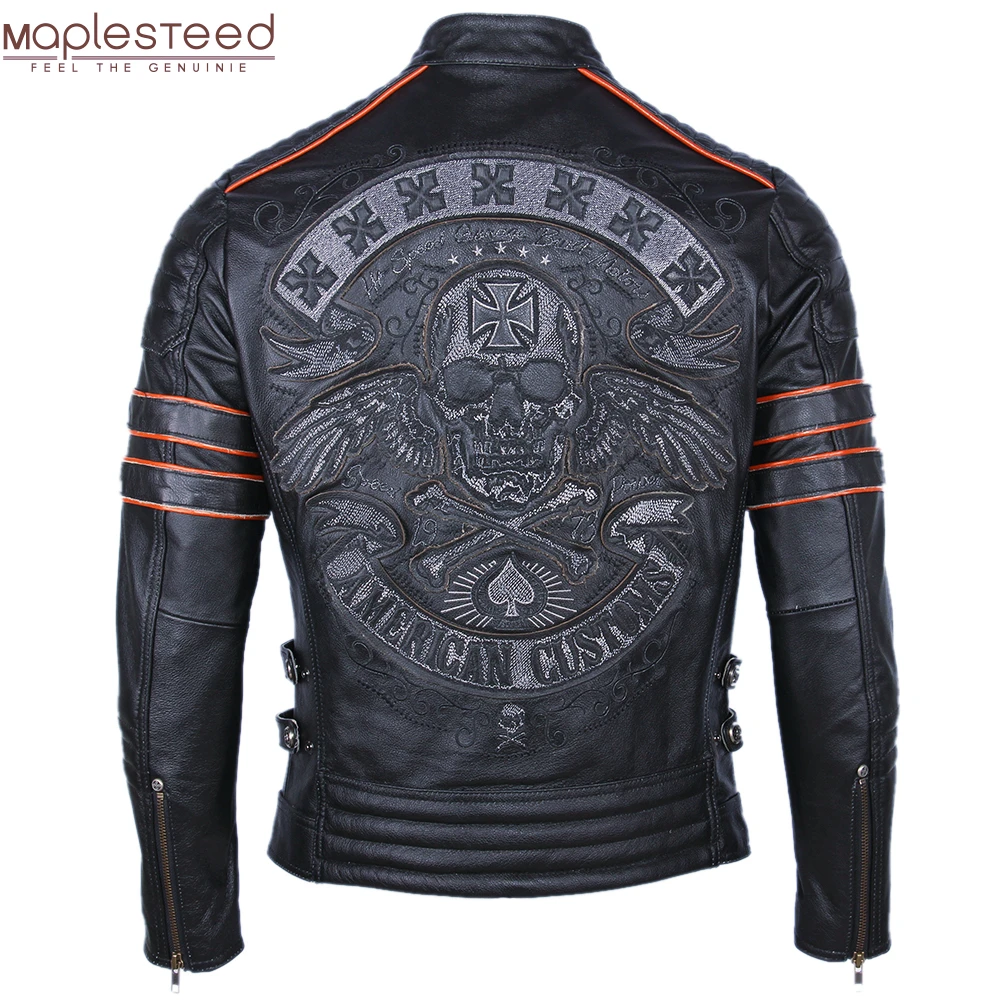 Black Embroidery Skull Motorcycle Leather Jackets 100% Natural