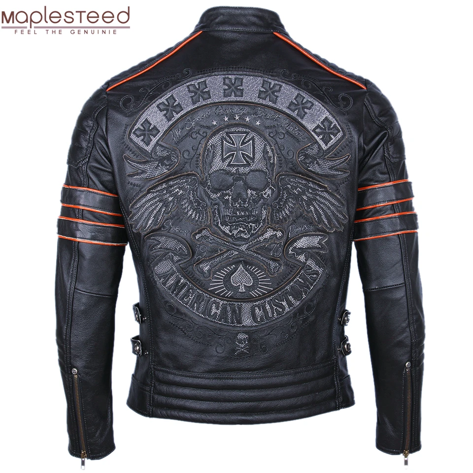 Black Embroidery Skull Motorcycle Leather Jackets 100% Natural