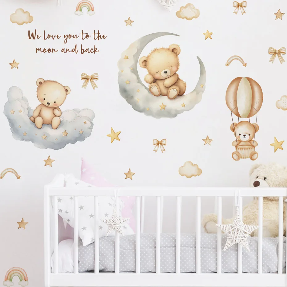 Cartoon Bear Good Night Kids Wall Stickers Baby Room Children Bedroom Wall Decals Clouds Moon Home Decoration Nursery Wallpaper