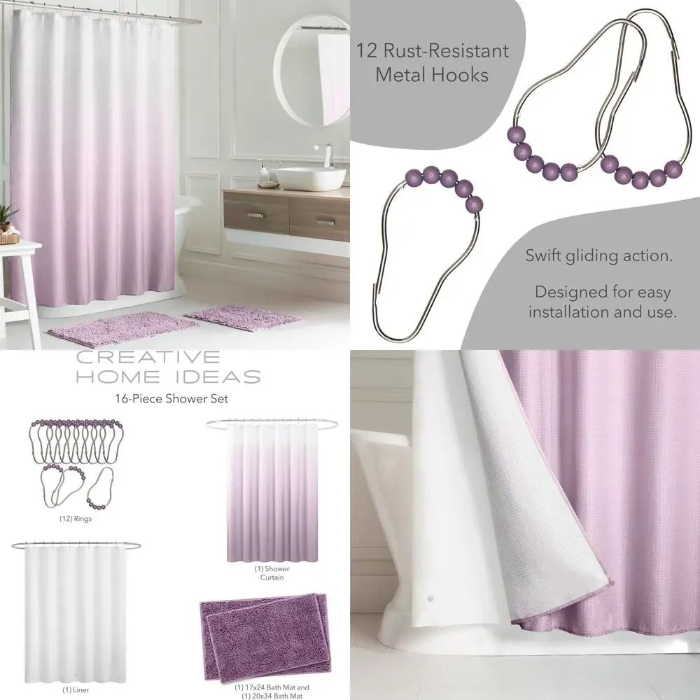

Lavender & White 70x72 Shower Curtain Set with Rugs, Liner, and Hooks