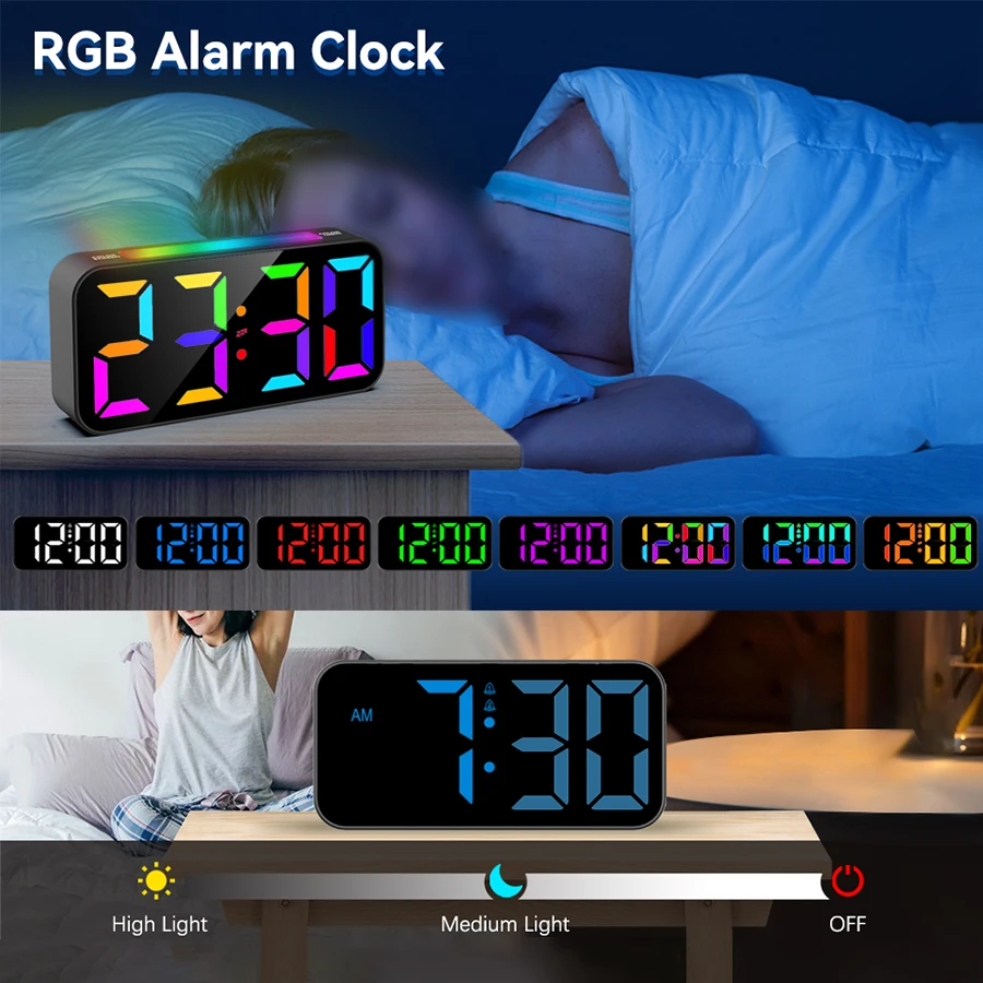 RGB 발광 전자 알람 시계, ABS 소재 실내 축제 분위기 조명 장식, C 타입 플러그인 사용, 1 개
