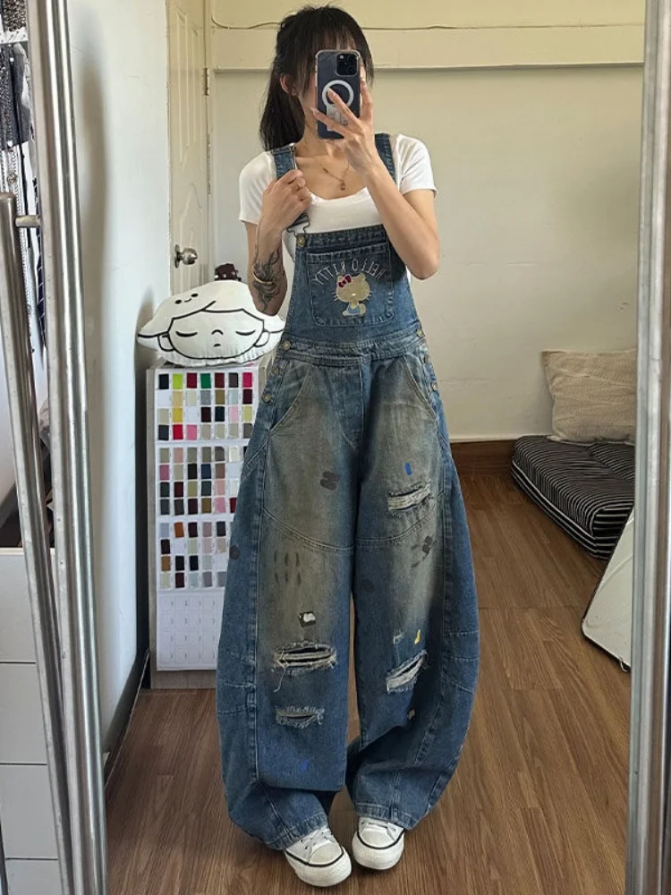 

Sweet Cool Cute Embroidered High Waist Denim Overalls Women's Summer New Style Ripped Wide Leg Jeans Casual Slimming Effect