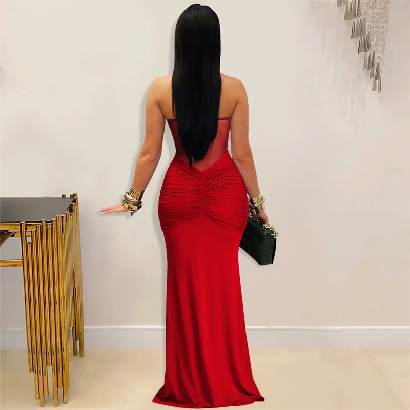 Sexy Halter Strapless Bodycon Maxi Dress Woman Elegant Sheer Mesh Patchwork Draped Ruched Midnight Club Party Evening Dresses