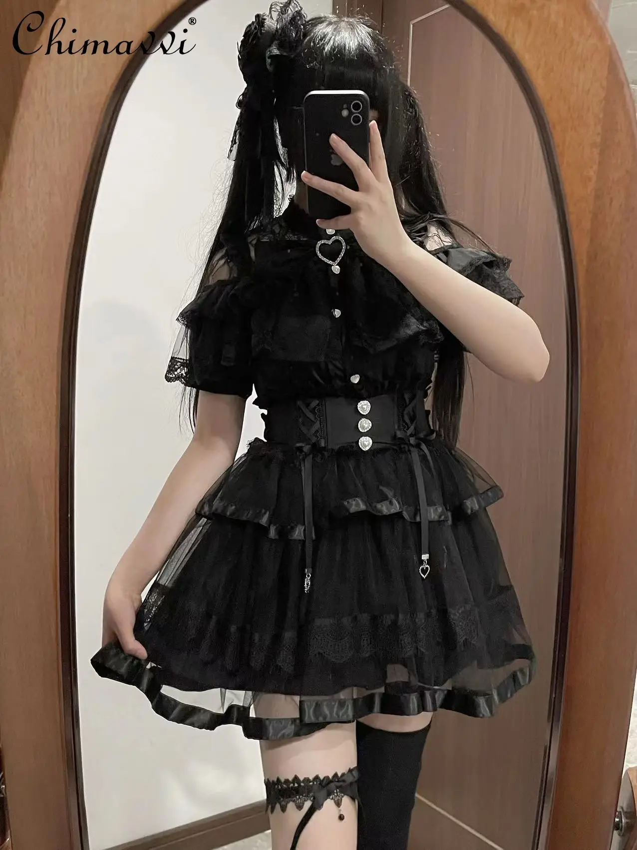 Original Japanese Mine Mass-Produced Girl Short Skirt Summer Clothes New Sweet Bow Lace Mesh Lolita Short Fishbone Skirts