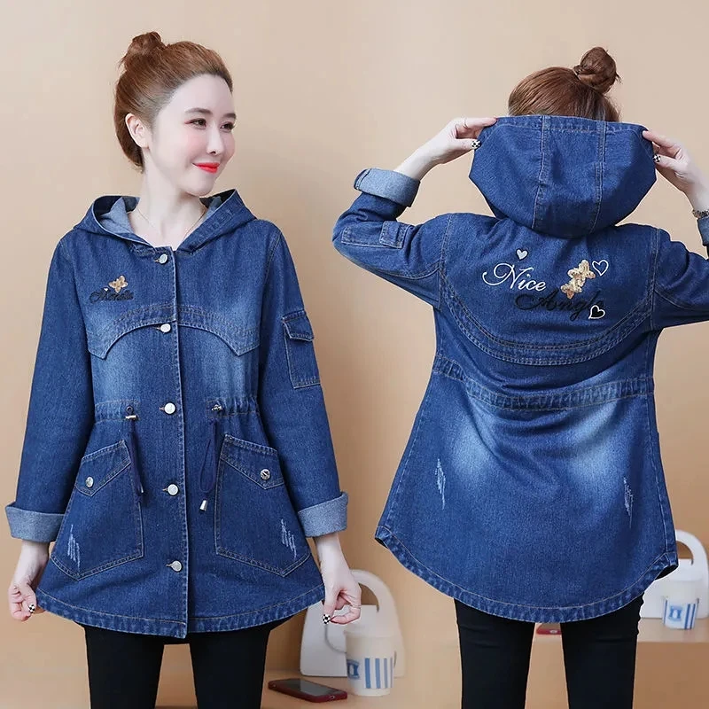 

Denim Jackets Womans Long Jeans Jackets 2023 Spring Autumn New Long Hooded Denim Trench Coat Female Slim Large Size Outerwear