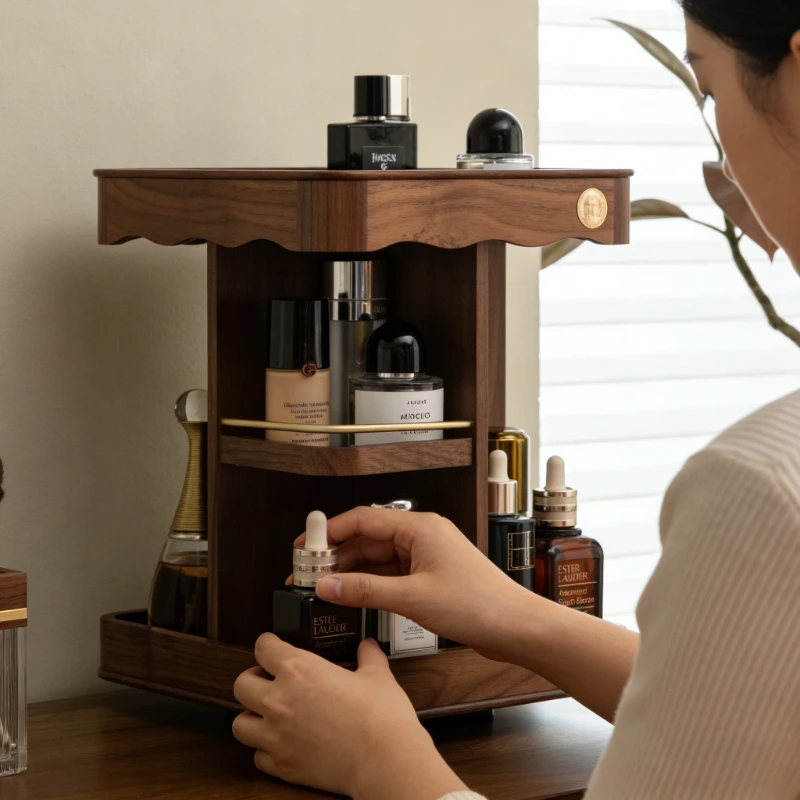 Solid Wood High-end Style Rotary Cosmetic Storage Box,large-capacity Desktop Cosmetic and Perfume Storage Shelf for Makeup Table