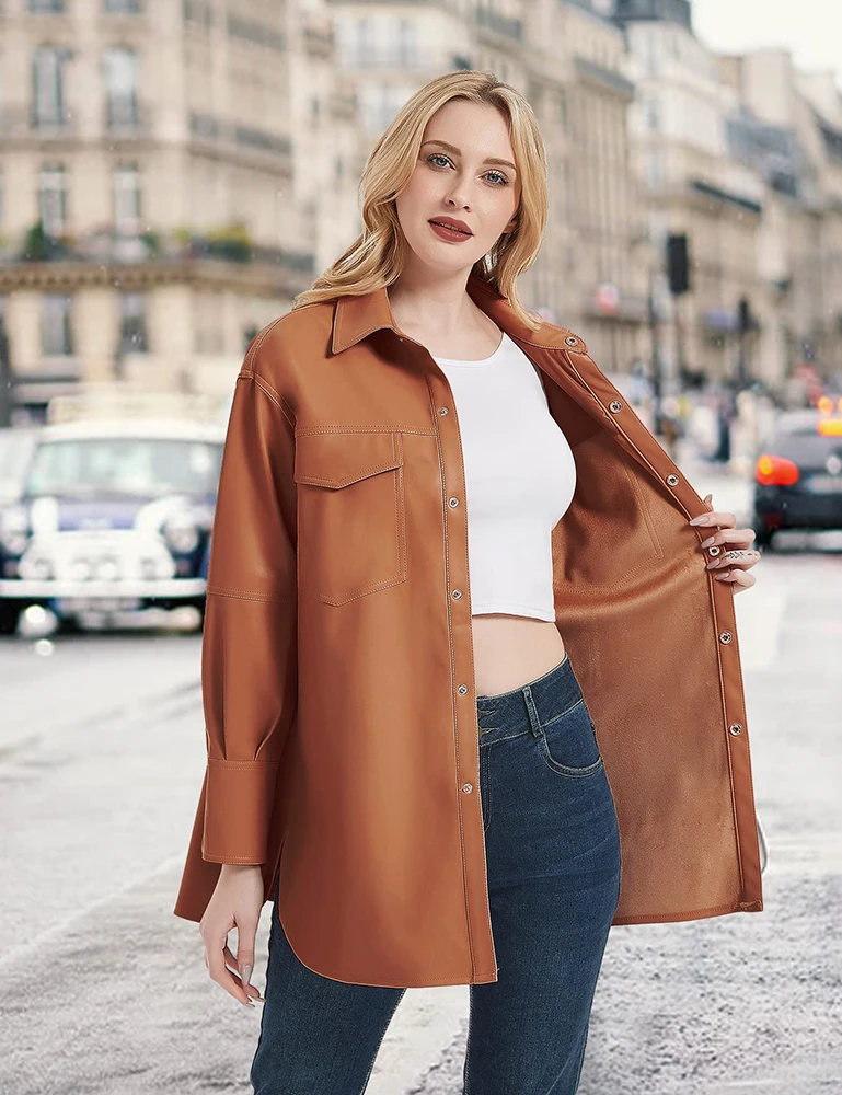 Giolshon Women Motorcycle Faux Leather Shirt Female Blazer Button Down Casual Long Sleeve Jackets PU Casual Spring Outerwear