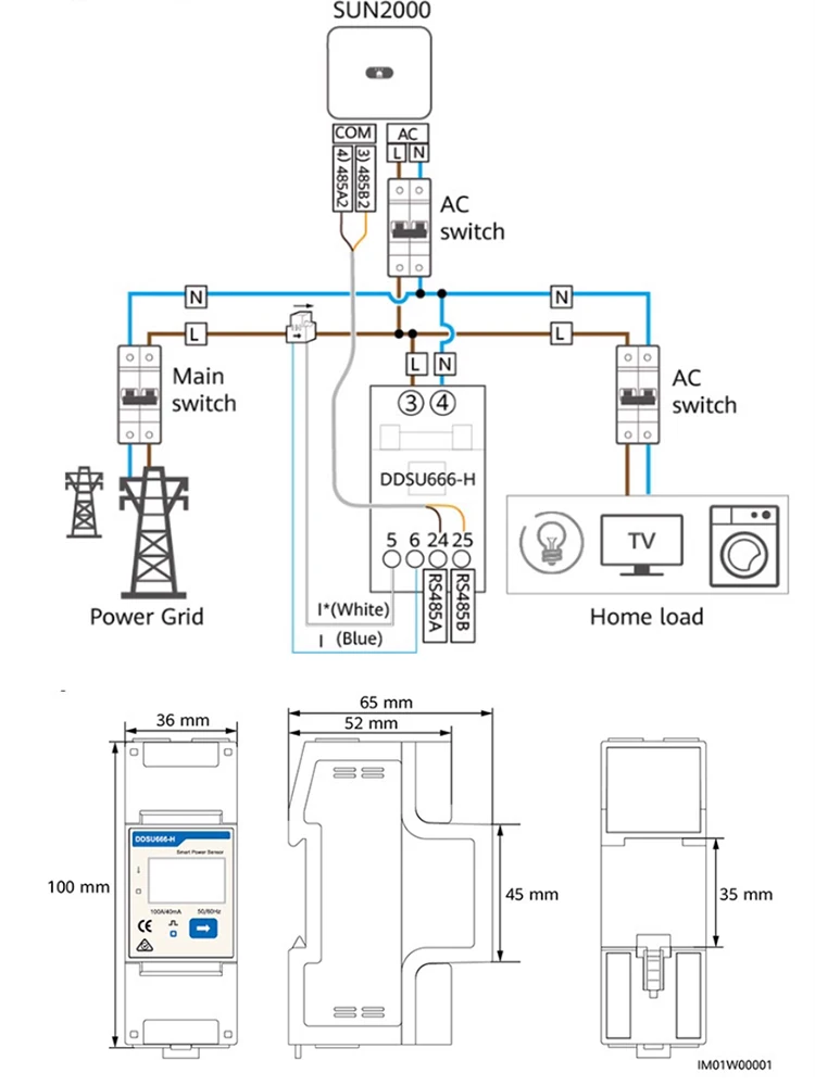 Smart Power Sensor Smart Meter Three-Phase Anti-Reverse Flow Smart Meter DTSU666-H 250A-50mA For Huawei On Grid Inverter