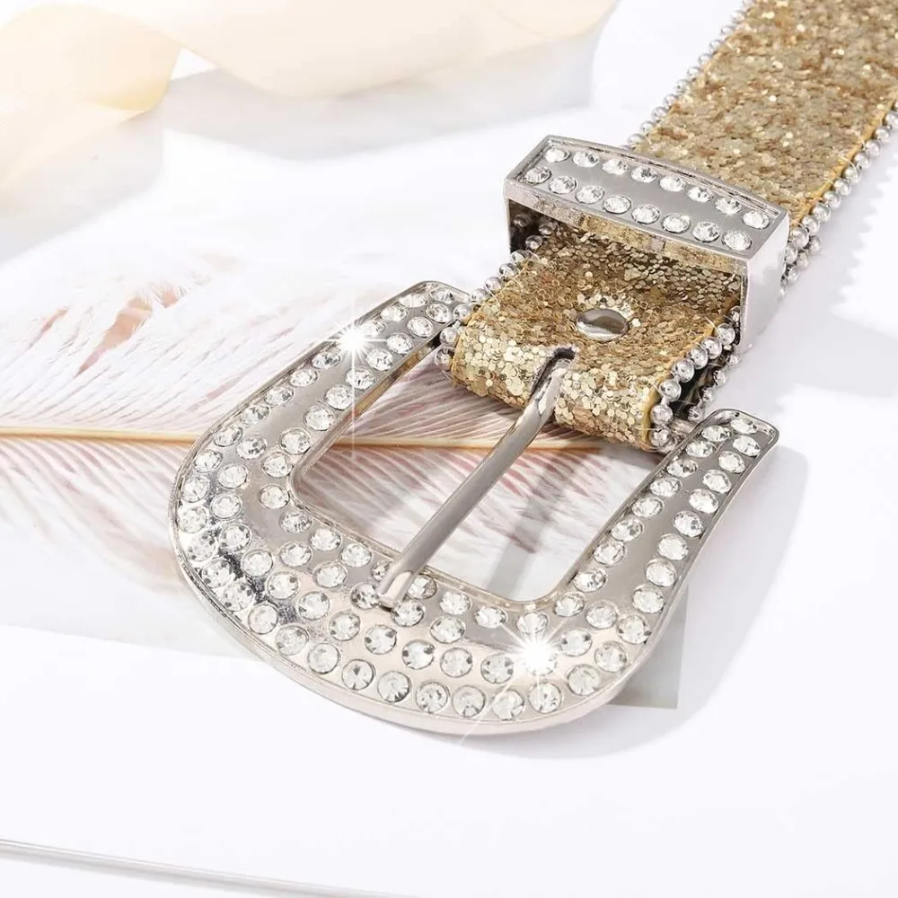 Bling Rhinestone Buckle Belt for Women Men Sparkly Sequin Leather Belt Waist Belts Western Cowgirl Belt for Jeans