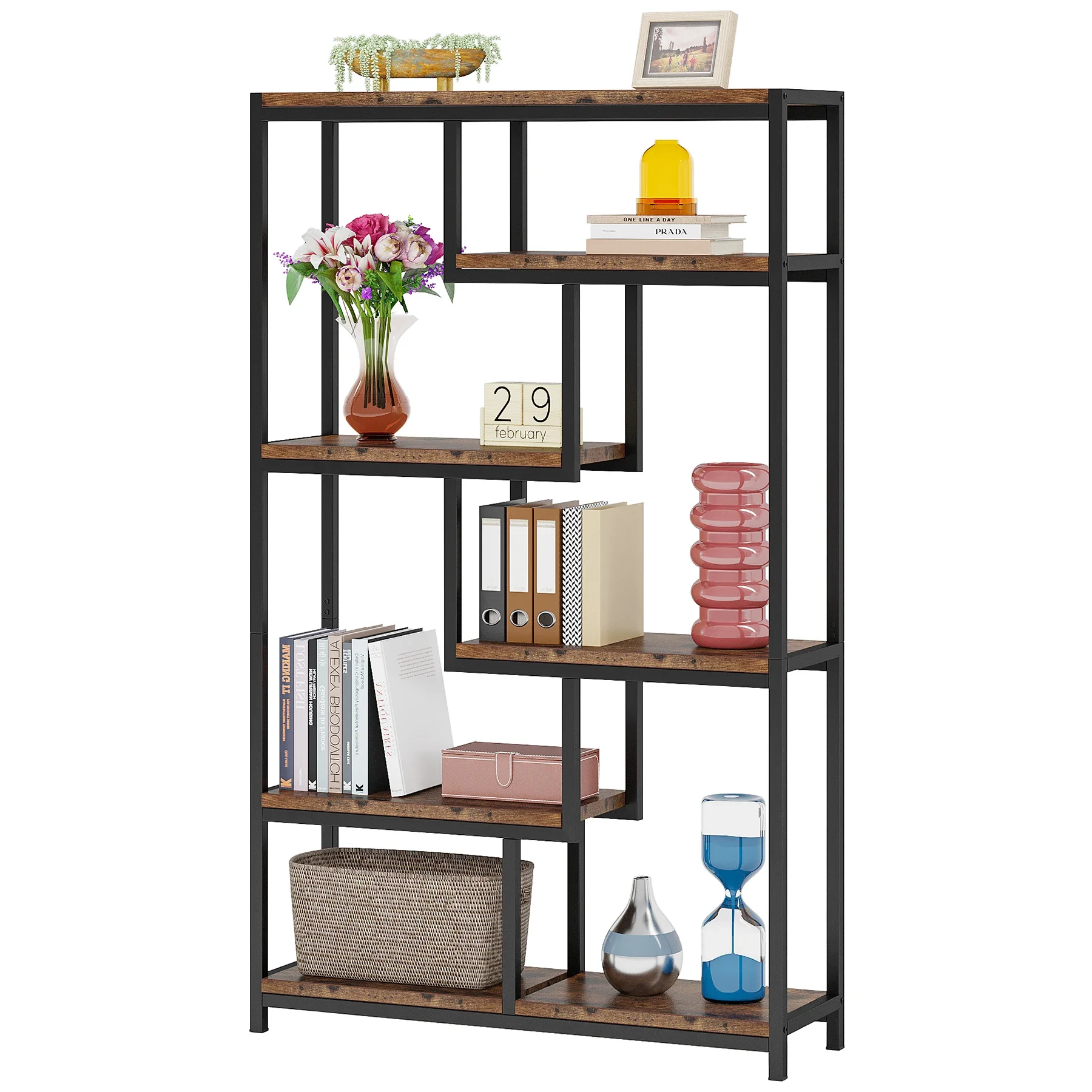

New Floor Standing Book Shelf Industrial Shelving Unit Storage Rack with Metal Frame 5-Shelves Staggered Organizer Rack