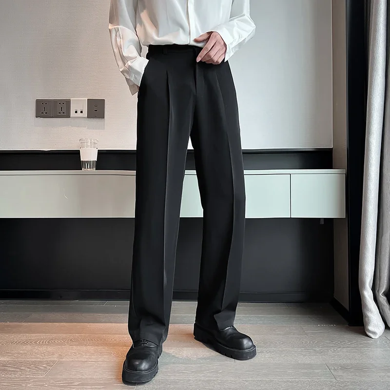 

Spring Summer Men Casual Suit Pants Long Straight Draped Freedom Trousers Male Solid Stretch Waist Oversized Pants Black White