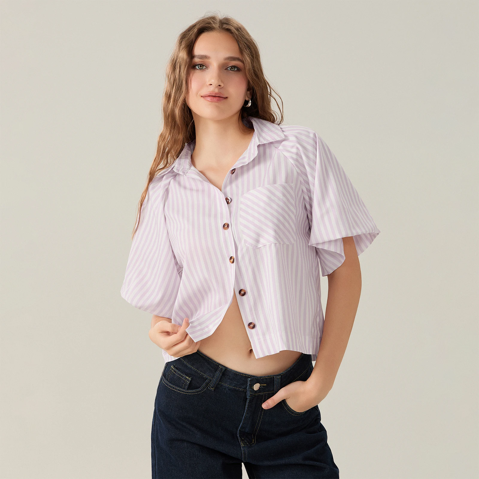 

Women’s Button Down Striped Print Tops Puff Sleeve Lapel Collar Neck Loose Shirts Summer Crop Tops With Pocket Streetwear