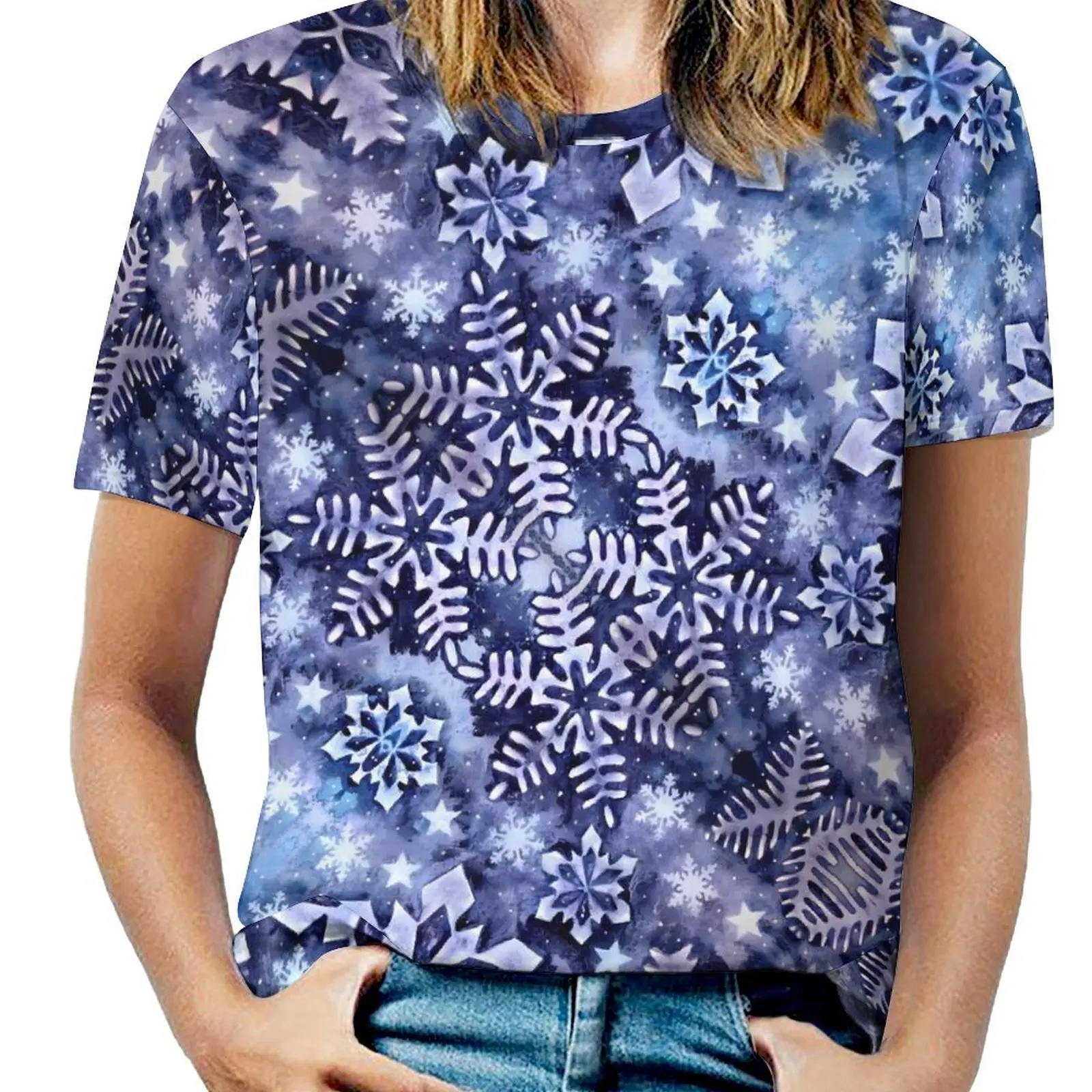 Ladies T-Shirt Blue Snowflake O Neck T-Shirts Short Sleeve Christmas Harajuku Custom Tshirt Streetwear Top Tees Big Size 6XL