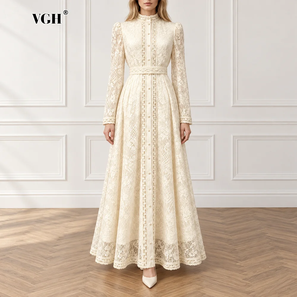 VGH Lace Maxi Dress for Women Stand Collar Long Sleeve Button Front Waist Belt A Line Flared Hem for Daily Casual Party Wear