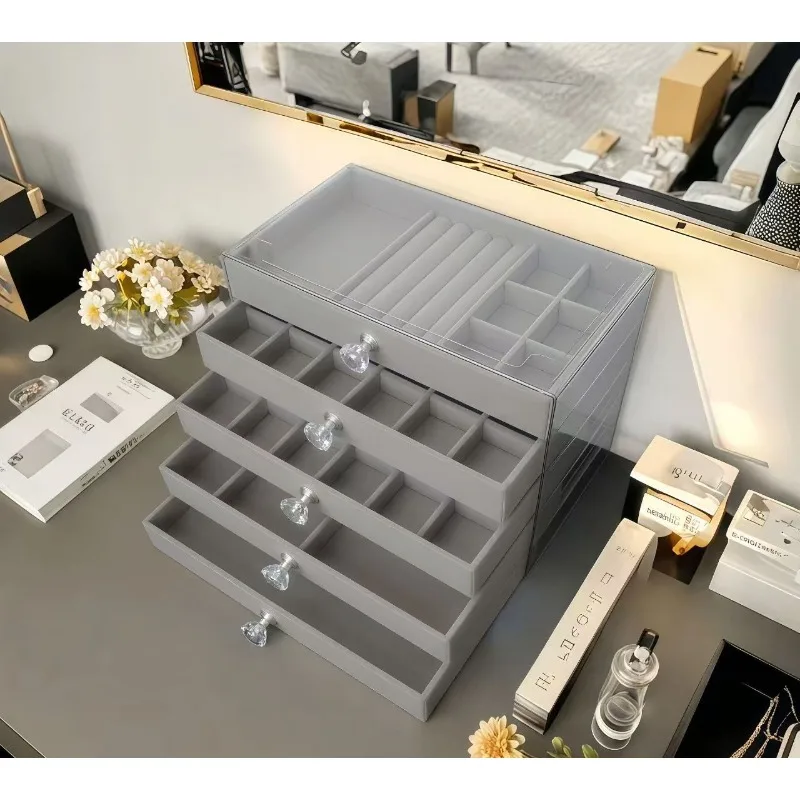 جديد 5 طبقات رائعة صندوق مجوهرات رمادي أقراط حلقة درج نوع صندوق تخزين سعة كبيرة صندوق مجوهرات مضاد للأكسدة