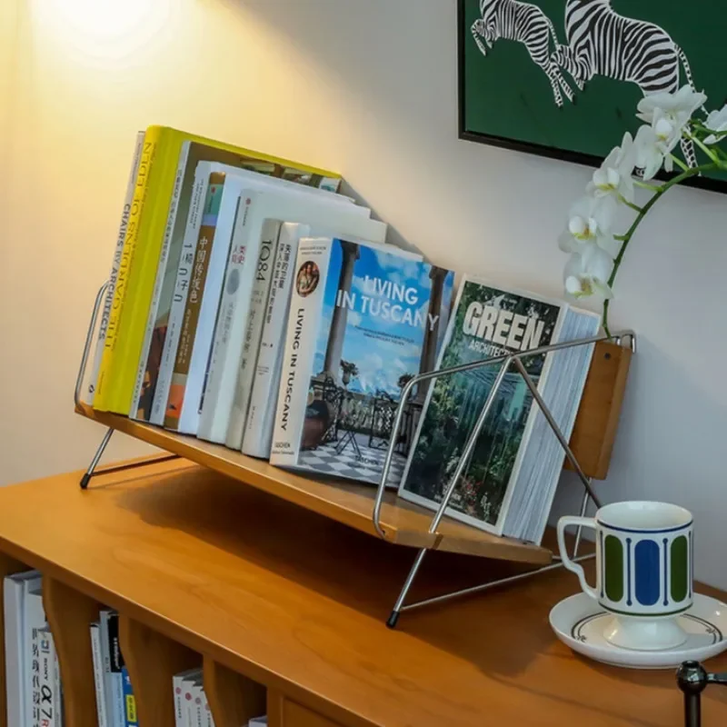 

Nordic solid wood small bookshelf desktop book storage shelf desk stainless steel retro Home practical shelving Storage Holders