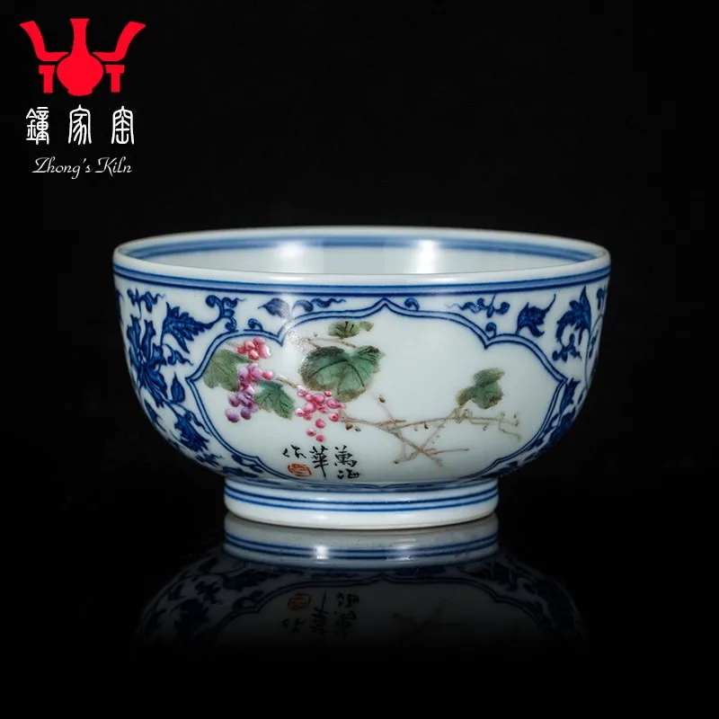 Zhongjia Kiln Tea Cup Jingdezhen Pure Hand Drawing Blue and White Flower Color Firewood Kiln Flower Window Master Cup Personal K