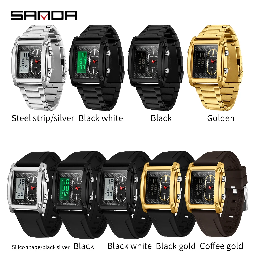 SANDA Luxury Business Men Watches Square Stainless Steel Quartz Wristwatch LED Luminous Digital Sport Clock Relogio Masculino