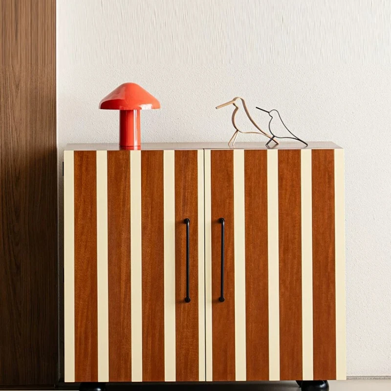 

Minimalist antique style retro striped wooden side cabinet Nordic style wheeled locker household simplicity