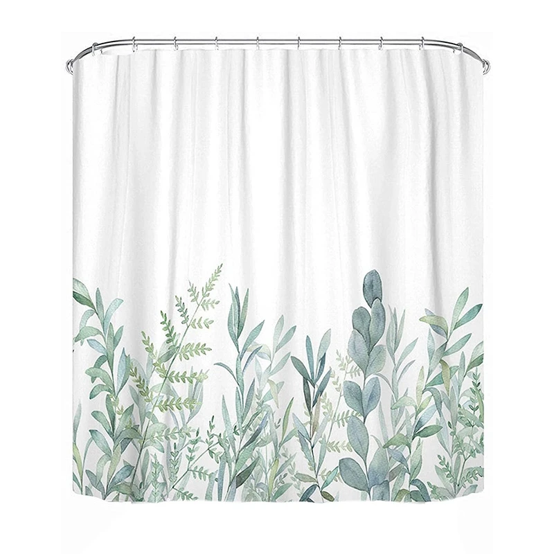 Fabric Shower Curtain Curtains With Hooks Green Eucalyptus Watercolor Floral Pattern Botanical Bouquet Branch Waterproof